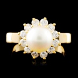 14K Gold 7.00MM Pearl & 0.42ctw Diamond Ring