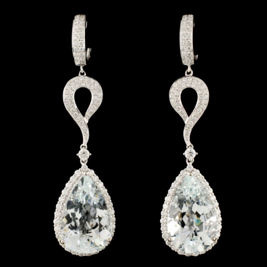 14K Gold 23.61ct Aquamarine & 2.86ctw Diamond Earr