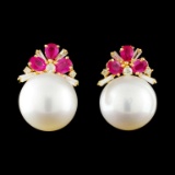 18K Gold 12.50MM Pearl & 0.35ctw Diamond Earrings