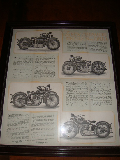 Original Henderson and Super X motorcycle sales brochure; framed, double gl