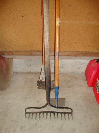 Garden rake, hoe & axe