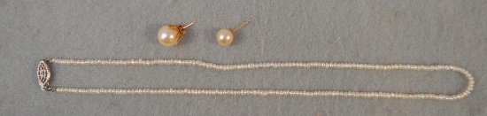 15-1/2" Akoya Saltwater Pearl Necklace Choker Style W/ Sterling Class & (2) Studs W/ Pearls Mounted
