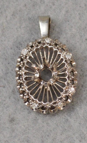 14k White Gold Pendant W/ (22) Prong Mountings. (6) Small Diamonds Remaining, Others Have Been