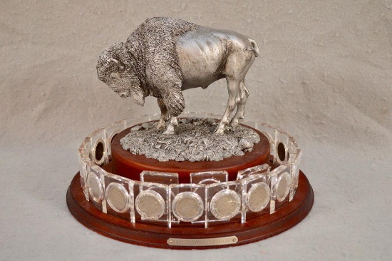 Dansbury Mint Hand Finished Cold Cast Buffalo Sculpture W/ Rotating Base & (20) Buffalo Nickels