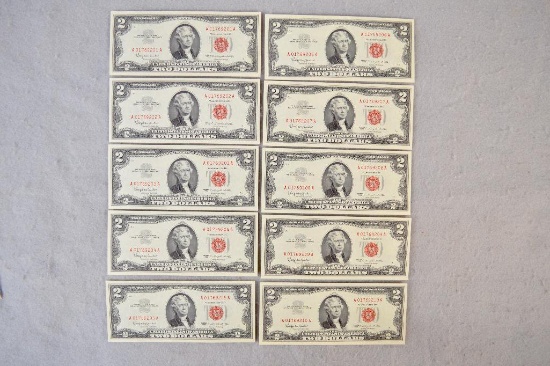 (10) 1963 Uncirculated Red Seal Sequential 2-dollar Bills