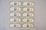 (10) 1963 Uncirculated Red Seal Sequential 2-dollar Bills