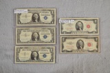 (3) Silver Certificates 1 Dollar & (2) Red Seal 2 Dollar Bills