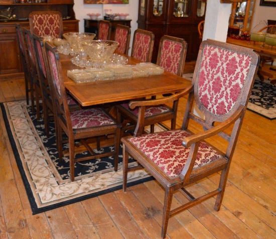 Mission Oak Trustle Table,(8) Chairs & Captian Chairs Upholstered Seats & Backs
