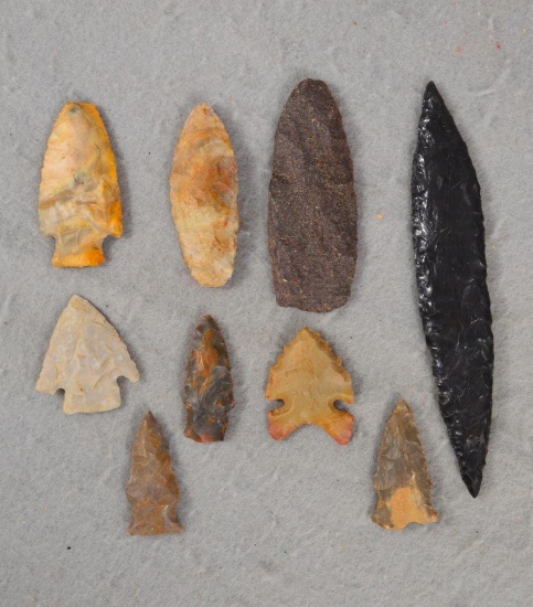 (3) Spear Or Projectile Tips, & (6) Arrowheads