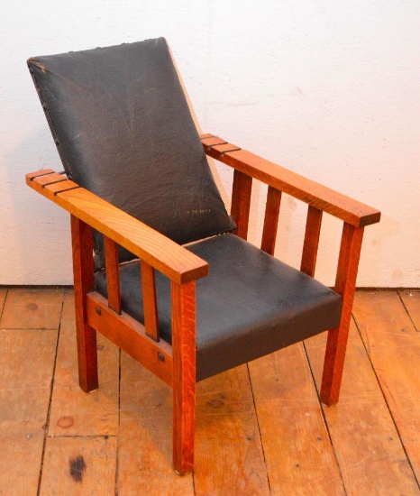 Child's Arts & Crafts Morris Style Reclining Chair W/ Leatherette Upholstery