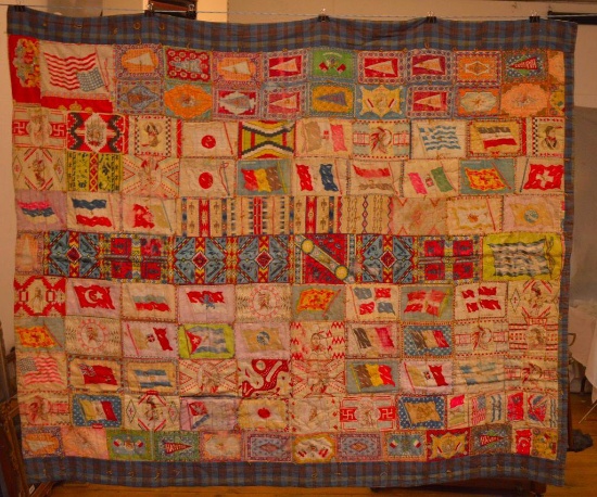 5' X 6' Hand Stitched & Tied Cigar Flannel Patch Quilt, With Native American Images