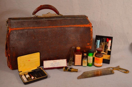 Antique Pig Skin Doctors Bag W/ Instruments & Pharmaceutical Bottles