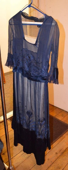 1900-1910 Edwardian Navy Blue Crepe Dress W/ Embroidery & Beading Throughout