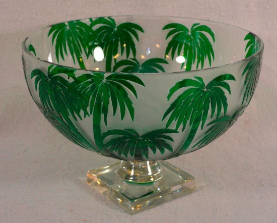 Fabergé Bowl W/ Pedestal Green Cut To Frosted Glass Palm Tree Pattern