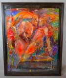 Signed Acrylic Depicting A Scene Of Passion Framed Under Glass