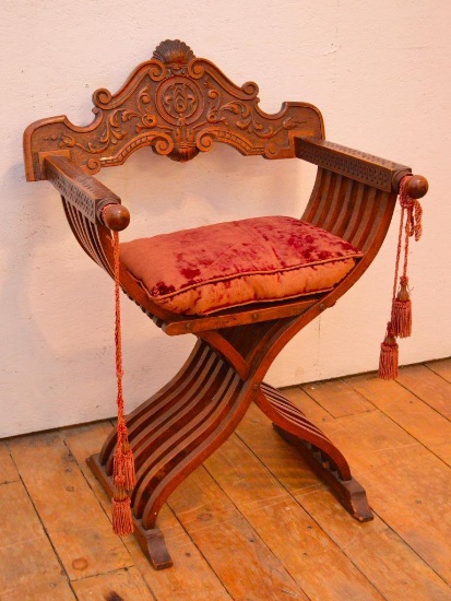 Savonarola 19th Century Italian Walnut Folding Campaign Chair W/ Cushion Tassels,original Condition.