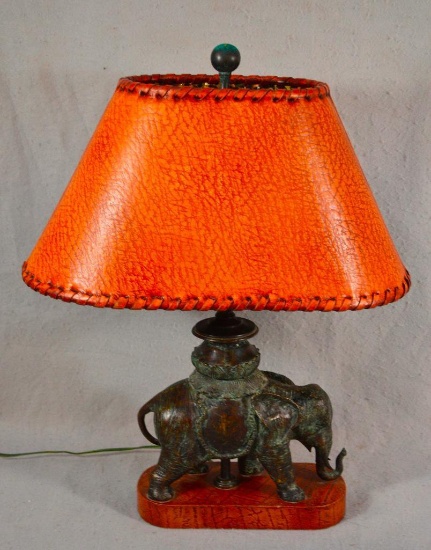 23" Maitland-smith Bronze Elephant Table Lamp W/ Leather Shade & Base