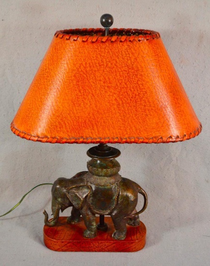 23" Maitland-smith Bronze Elephant Table Lamp W/ Leather Shade & Base