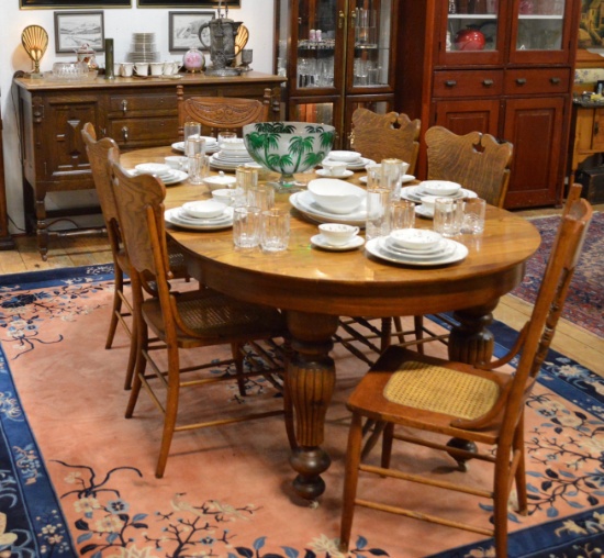 1890's Oregon Furniture Co. 44" Solid Oak Round Dinning Table W/(6) Caned Seat Oak Chairs