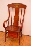 19th Century Walnut Commode Chair W/ Chamber Pot & Hand Painted Back