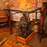 Maitland-smith Glass Top Bronze Elephant Based End Table Circa 1970's