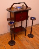 Smokers Stand W/ Copper Lined Tobacco Box, Cigar & Pipe Verts, Cigar Cutter, &(2) Matching Ash Trays