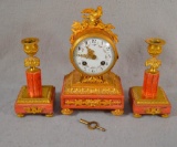 Amc London Antique Shelf Clock W/ Finial Dove & Pair Of Matching Candelabras