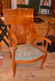 Ornately Carved & Inlayed Back Chair W/ Needlepoint Seat & Barley Twist Posts