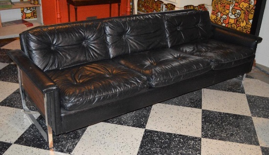 Lynch Manufacturing Company 8' Black Naugahyde Chrome Frame Sofa