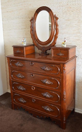 Victorian Solid Walnut Dresser W/ Glove Boxes, Attached Oval Mirror, Carved Pulls, Circa 1860's