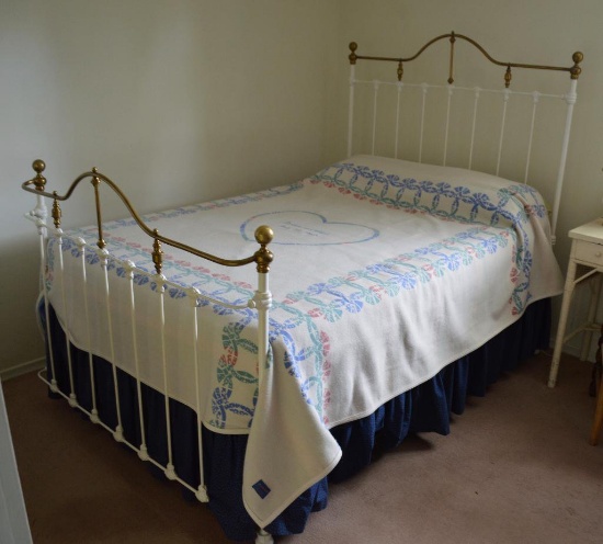 Ornate Iron Spaghetti Bed W/ Brass Top Rail Ornamentation Both Headboard & Footboard