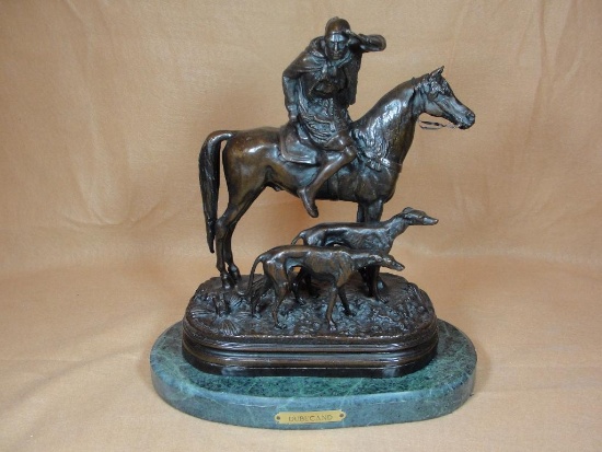 - Alfred Dubucand-"The Hunter"Bronze of Arab Horseman & 2 Greyhounds - 11" High