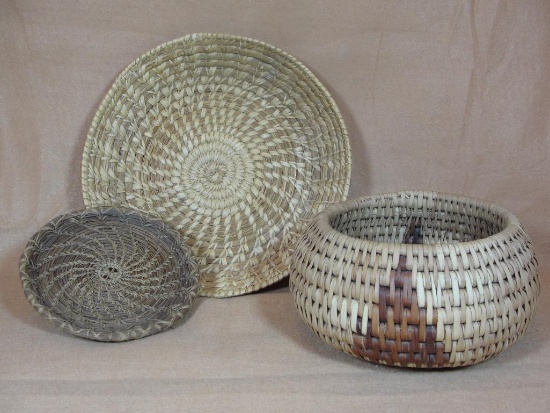 (3) Native Pine Needle Baskets - 2 Papago - Largest 10" Dia.