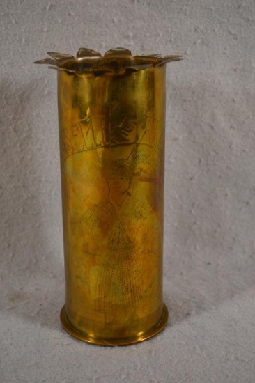 WWI Trench Art Vase - "Mademoiselle from Armentieres" - On German Shell - 8 1/2" High.