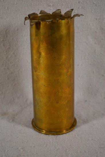 WWI Trench Art Vase - "Ypres" - w/ Building Roof & Flowers - 8 1/2"