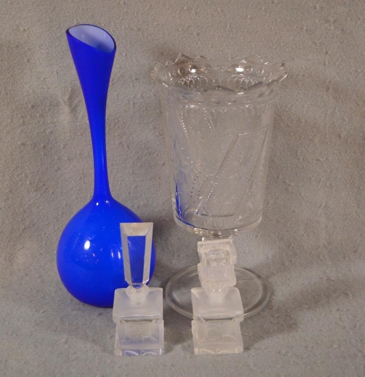 4 Collectible Glass Items - Incl: Blue Cased Vase 10 1/2" High & Antique Celery 8" High