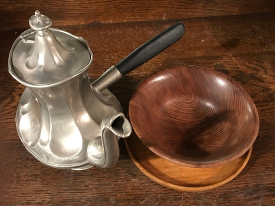 Reed and Martin Pewter Tea Pot, and Wooden Bowl