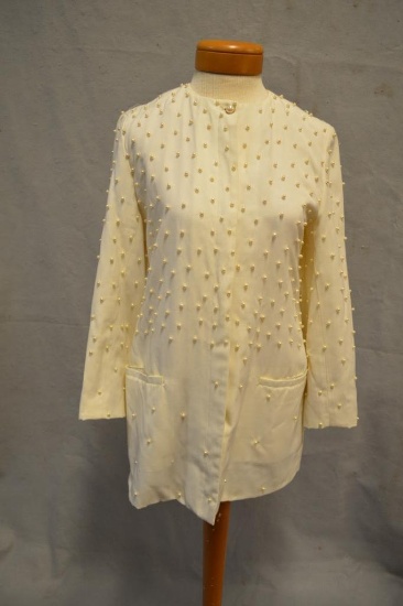 Women's Front Pocket Jacket - White with Faux Pearl Embellishments