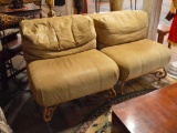 Pair Of Henredon Suede Overstuffed Lounge Chairs, Wrought Iron Bases, Will Configure As A Love Seat