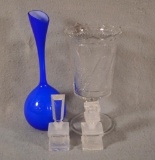 4 Collectible Glass Items - Incl: Blue Cased Vase 10 1/2
