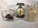 Vintage Chicken Wire Basket, 1/2 Gallon Bottle, And Columbia Family Scale