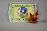 Vintage Marble laying toy hen and serving tray.