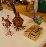 (3) Chicken Decorations and (1) Vintage Egg Box
