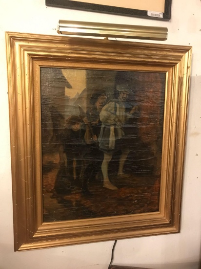Antique Oil on Canvas Painting, Genre Scene of Street Thieves, Signed Lower Right "Edward Rowe."