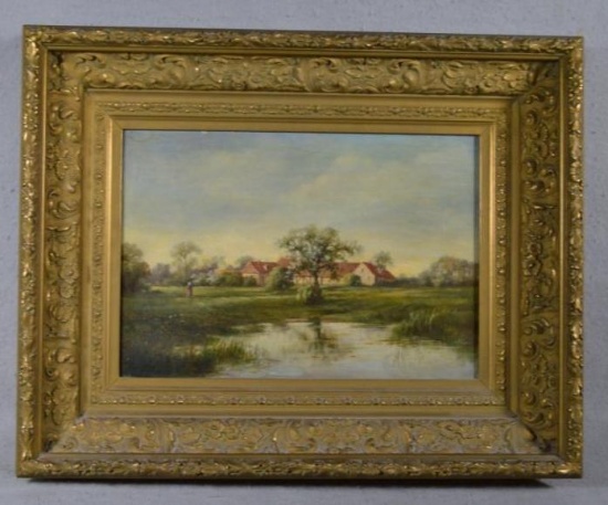 Oil on Canvas, Landscape w/ Bog & Single Figure. Appears to be signed John W. Wilmenoth