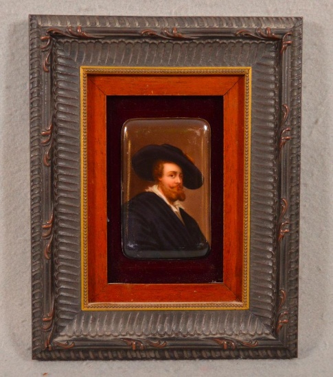 Framed Painted Porcelain Plaque, Bearded Man w/ Large Hat. 3 3/4" x 2 3/8", sight view.