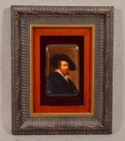 Framed Painted Porcelain Plaque, Bearded Man w/ Large Hat. 3 3/4
