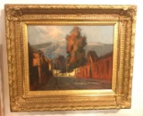 Oil on Board Painting, Impressionistic Street Scene, Signed Lower Right in Orange, Sig. Unreadable