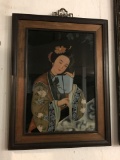Chinese Reverse Painting on Glass, Framed. Portrait of a Lady. Early 20th Century.