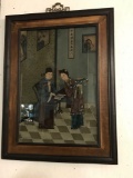 Chinese Reverse Painting on Glass. Two Figures. Framed. Early 20th Century.